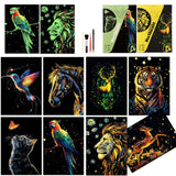 Scratchboard Art for Adult Luminous Scratch Painting Kits, A5 Scratch Art Rainbow Painting Paper 8 Sheet with 4 Tools, Scratchboard for Teens & Adults, Fun Creative Craft Toy/Gifts/Decor, Animals BulChign