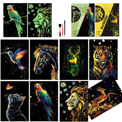 Scratchboard Art for Adult Luminous Scratch Painting Kits, A5 Scratch Art Rainbow Painting Paper 8 Sheet with 4 Tools, Scratchboard for Teens & Adults, Fun Creative Craft Toy/Gifts/Decor, Animals