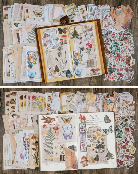 Knaid Vintage Scrapbook Supplies Pack (200 Pieces) for Junk Journal Bullet Journals Planners Botanical Paper Stickers Craft Kits Aesthetic Cottagecore Collage Album (Nature) Knaid