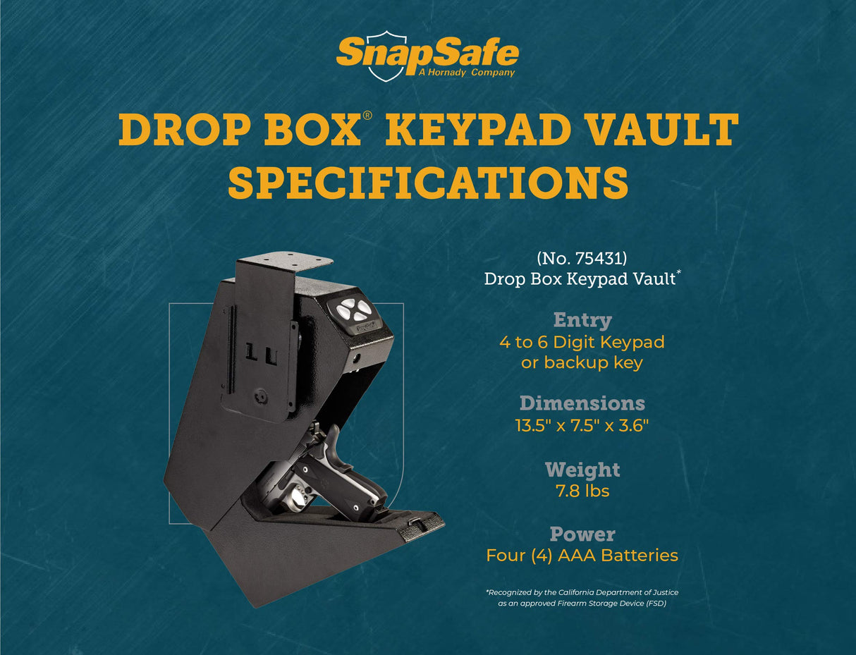 SnapSafe Drop Box Keypad Vault – Keypad Handgun Safe for Handguns – 4-6 Keypad Entry with Backup Keys – Black, Measures 13.5 (H) x 7.5 (W) x 3.6 (D) Inches - Item 75431 SnapSafe
