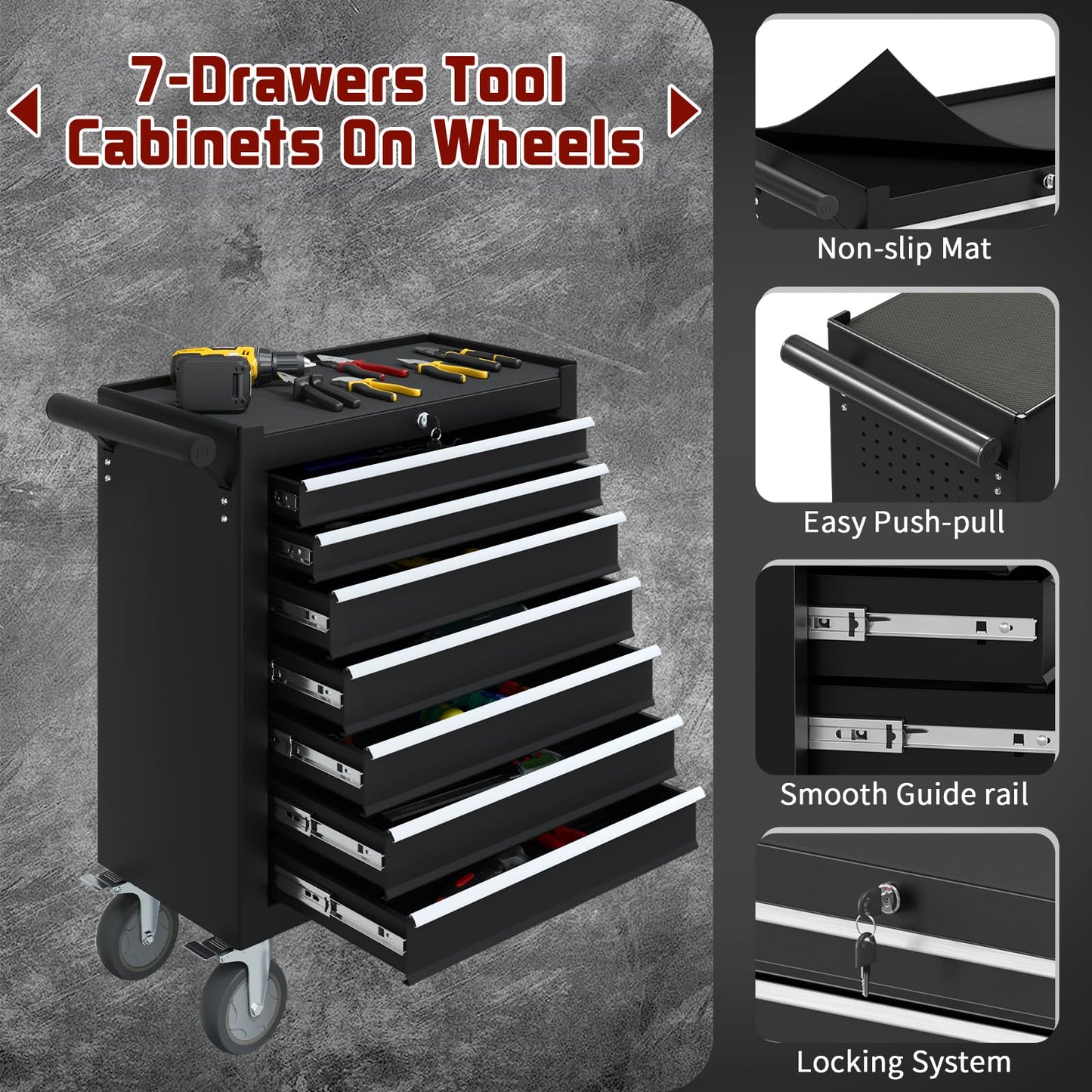 7-Drawer Rolling Tool Chest,Metal Rolling Tool Box with Wheels,High Capacity Tool Storage Cabinet with Locking System,for Garages, Workshop (Black, 7-Drawer) - WoodArtSupply