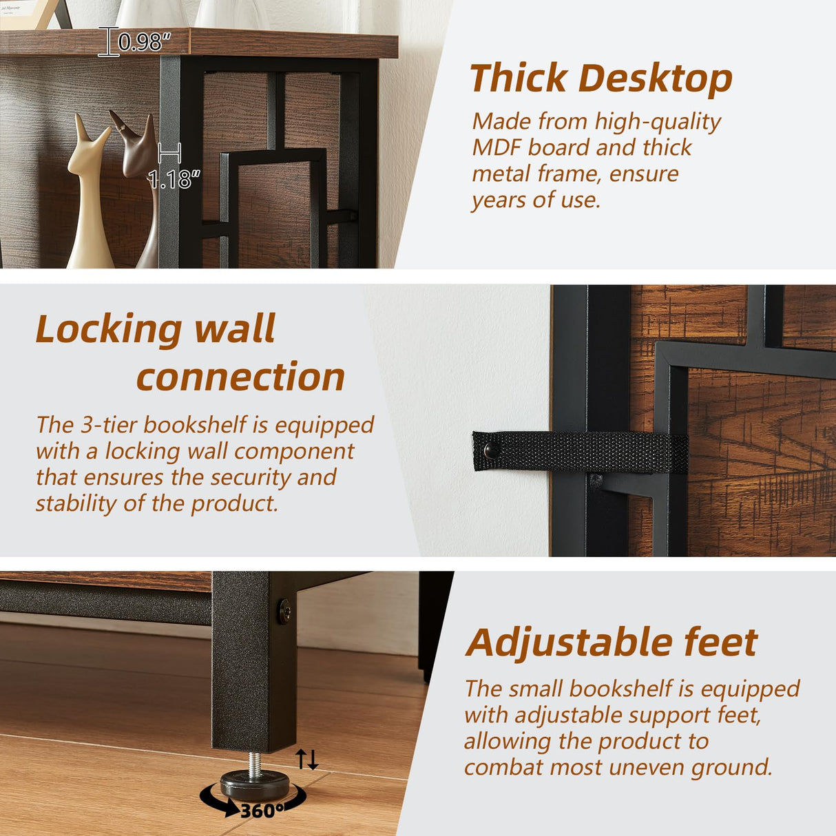 HOMISSUE Book Shelf, 3 Tier Deep Bookshelf with Storage, Engineered Wood and Metal Shelf Bookcase, Low Short Bookcases for Small Space, Living Room, Bedroom, Office, Rustic Brown HOMISSUE