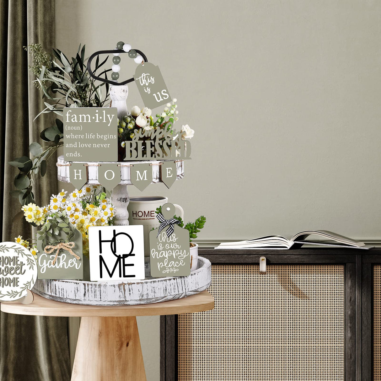 Two Tiered Tray with 11 Pcs Wooden Signs, Farmhouse Tiered Tray Decor Set Rustic Wood Home Kitchen Table Stand Decor Decorative Table Shelf Centerpiece(Stylish Style) Patelai