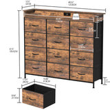 Welfuturer Dresser for Bedroom with 12 Drawers Clothes Dresser with Charging Station and LED Light Fabric Storage Tower for Living Room Hallway Closet Sturdy Steel Frame Wooden Top Rustic Brown Welfuturer