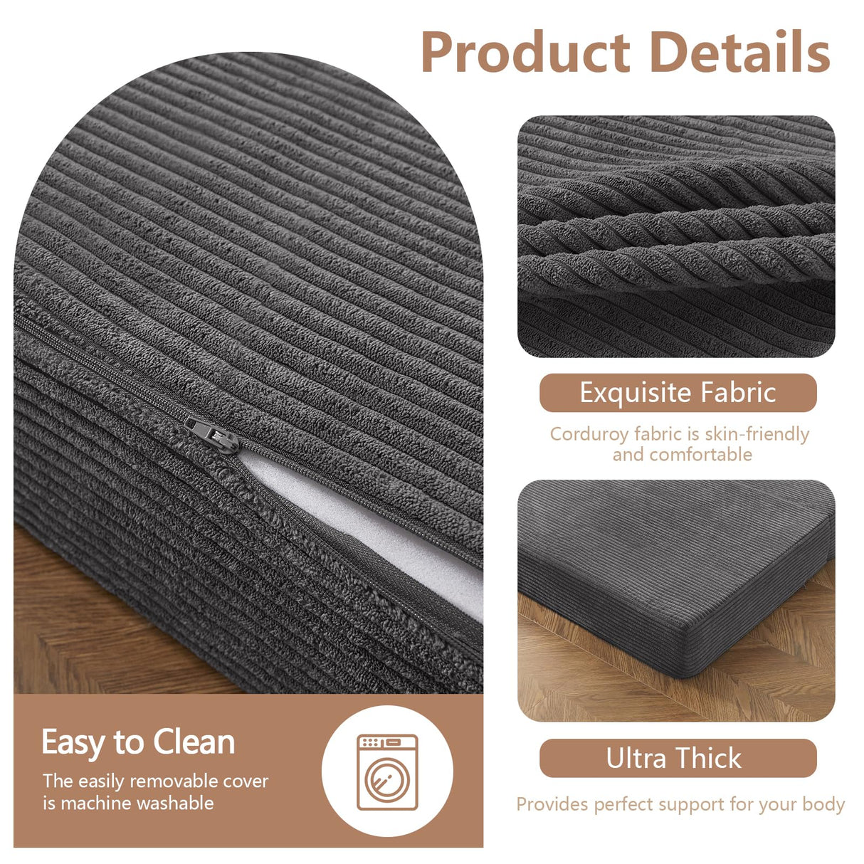 BYBYME Tri-Folding Corduroy Mattress, 6 Inch Gel Folding Mattress Topper, Foldable Soft Guest Bed Camping Pad, Washable Cover (Carbon Gray, Full) BYBYME