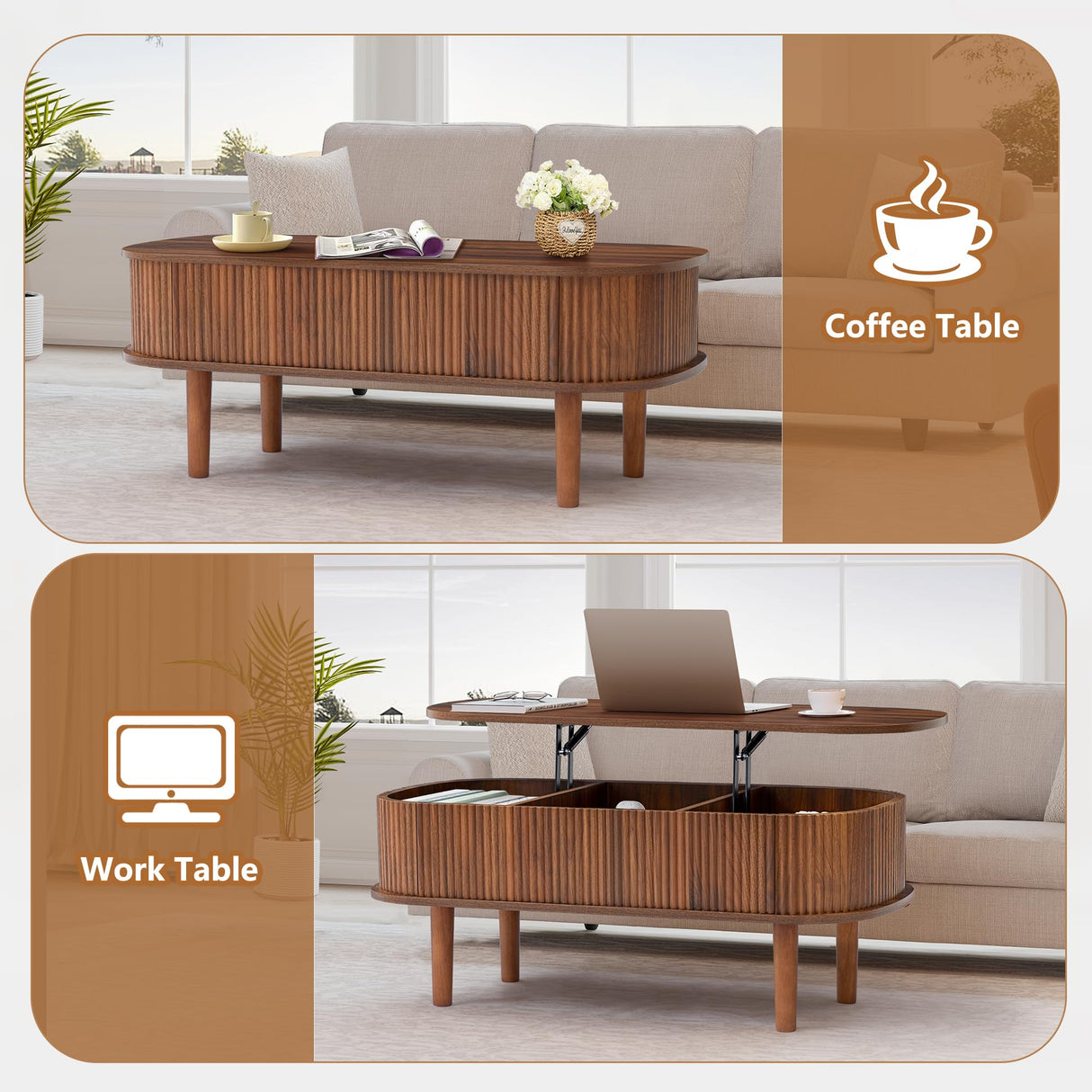 Fluted Lift Top Coffee Table with Hidden Compartment, Fully Assembled Wooden Center Table, Modern Oval Lift Tabletop for Home Living Room Office, Walnut ORRD