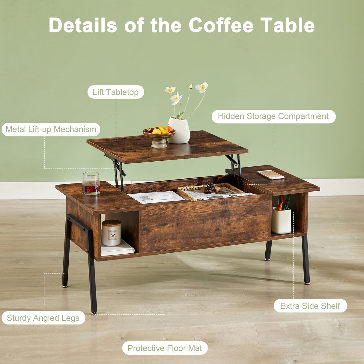 VECELO Wood Lift Top Coffee Table with Hidden Compartment and Storage Shelf for Living Room/Office Reception, Rising Tabletop, Brown VECELO