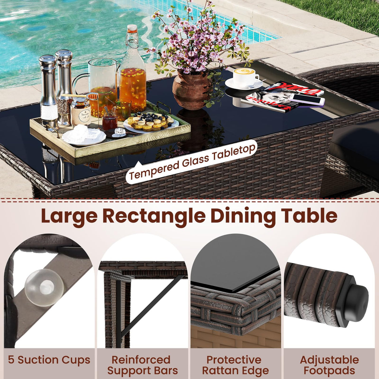 Tangkula 3 Piece Patio Wicker Dining Set, 2 Rattan Chairs with Rectangle Tempered Glass Dining Table, Outdoor Conversation Set with Cushions for Backyard, Porch, Poolside (Black) Tangkula