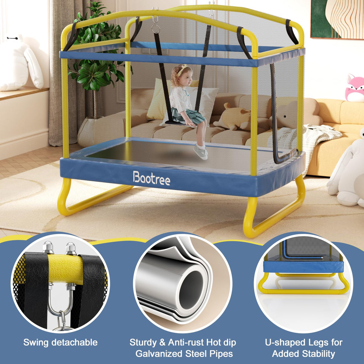 6.5FT Rectangle Trampoline for Kids, 78”ASTM Approved Recreational Trampolines with Swing, Small Toddler Trampoline with Safety Enclosure Net, Outdoor and Backyard, Gifts for Children & Boys & Girls Baotree