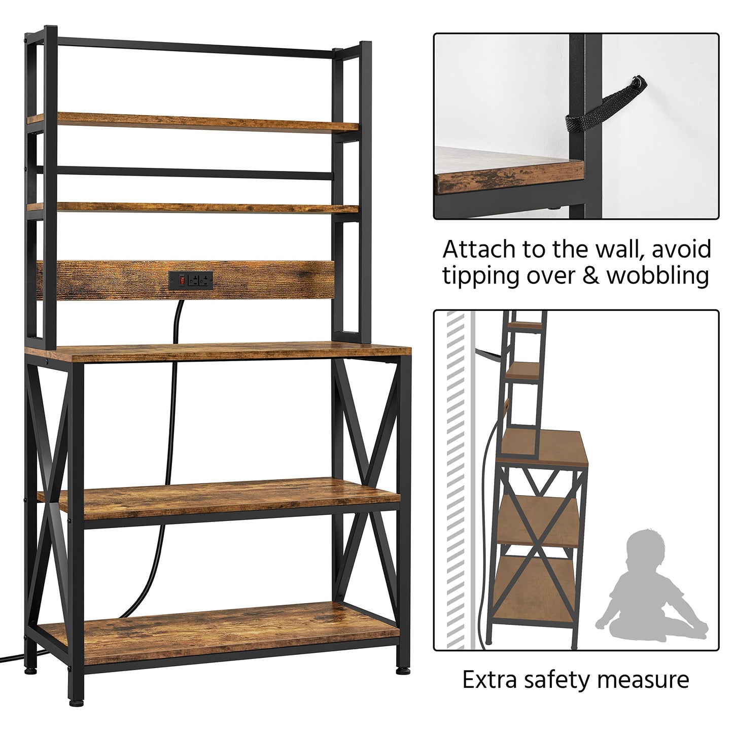 Yaheetech Rustic Brown Kitchen Bakers Rack with Power Outlet and 5-Tier Utility Storage Shelf - WoodArtSupply