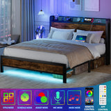 Furnulem Industrial Full Bed Frame with LED Lights & USB Charging Station Furnulem