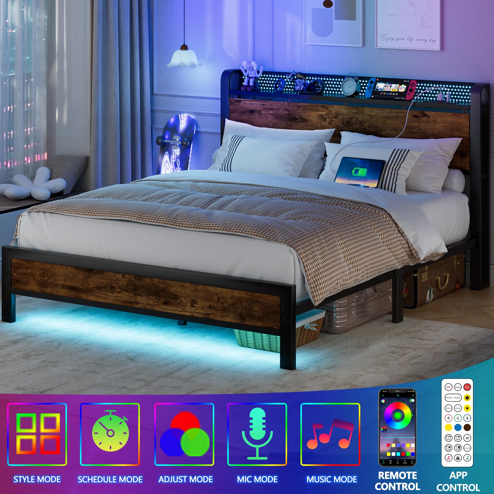 Furnulem Industrial Full Bed Frame with LED Lights & USB Charging Station - WoodArtSupply