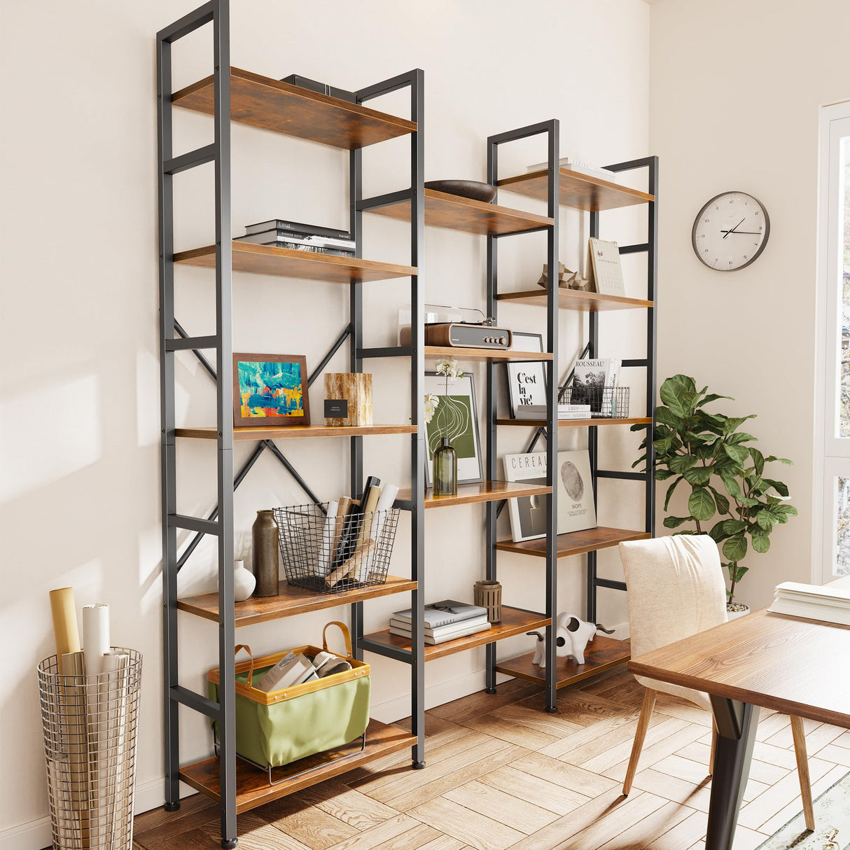 SUPERJARE Triple 5 Tier Bookshelf, Bookcase with 14 Open Display Shelves, Wide Book Shelf Book Case for Home & Office, Rustic Brown SUPERJARE