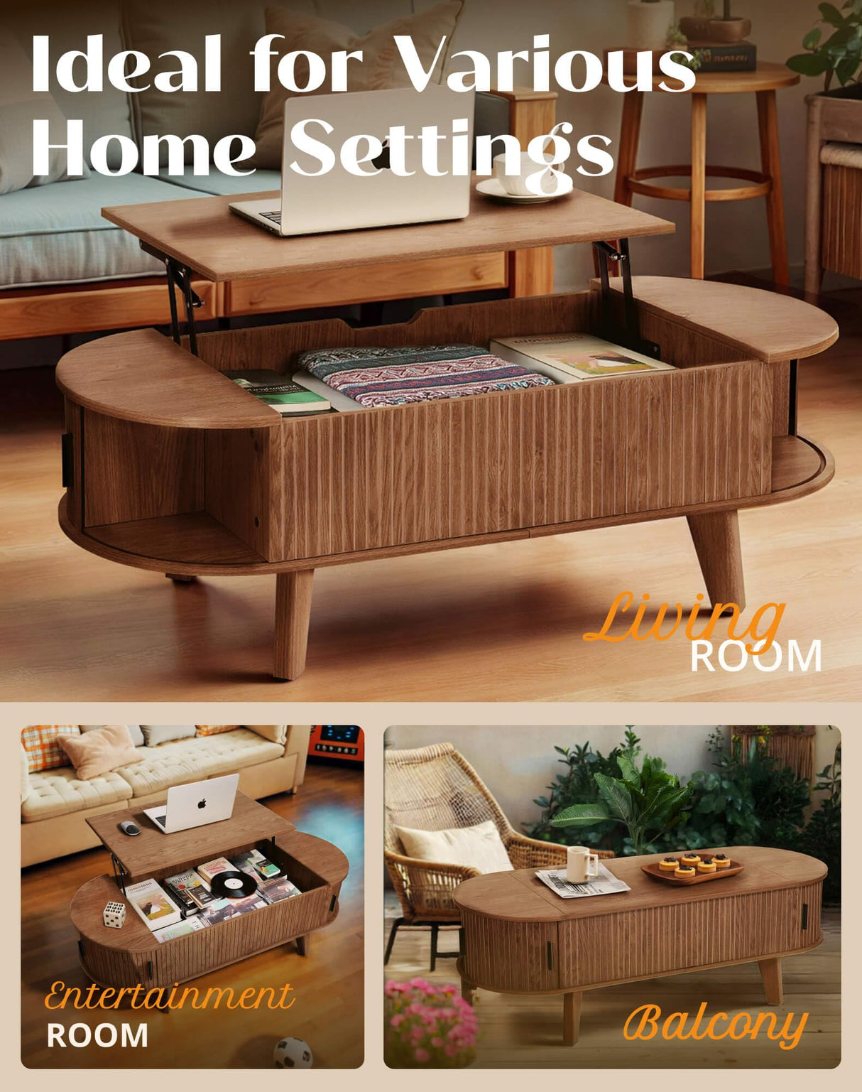 Pruchant Oval Lift Top Coffee Table with Storage, 47.2" Mid Century Modern Living Room Center Table with 180° Sliding Tambour Door, Wood Fluted Coffee Table for Home Office, Walnut Pruchant