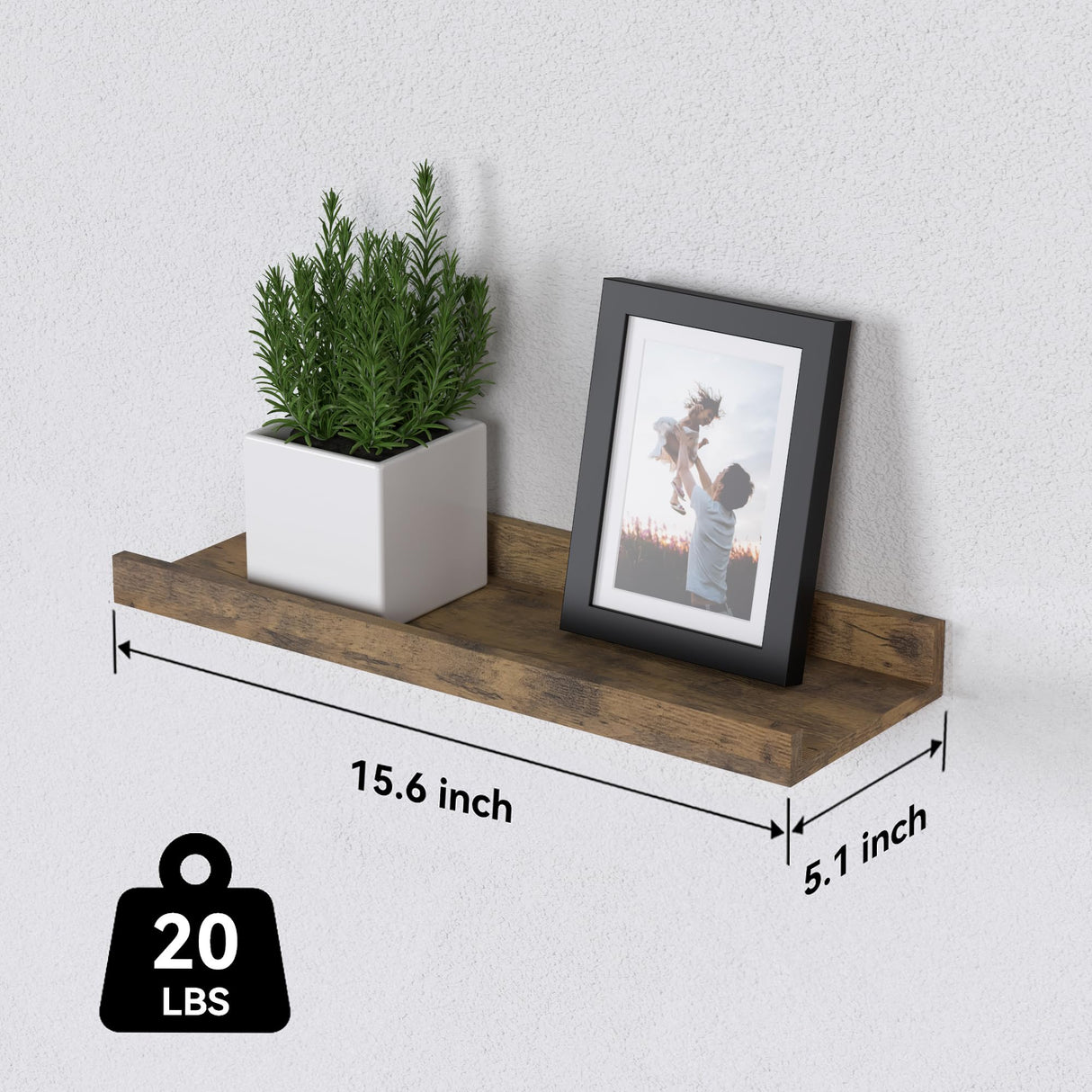 DOLLFIO Floating Shelves Set of 6, Farmhouse Wall Shelves with Lip, Display Shelves for Wall Decor, Rustic Picture Ledge for Living Room, Bedroom, Nursery, Bathroom, Pictures, Books, Plants- Brown DOLLFIO