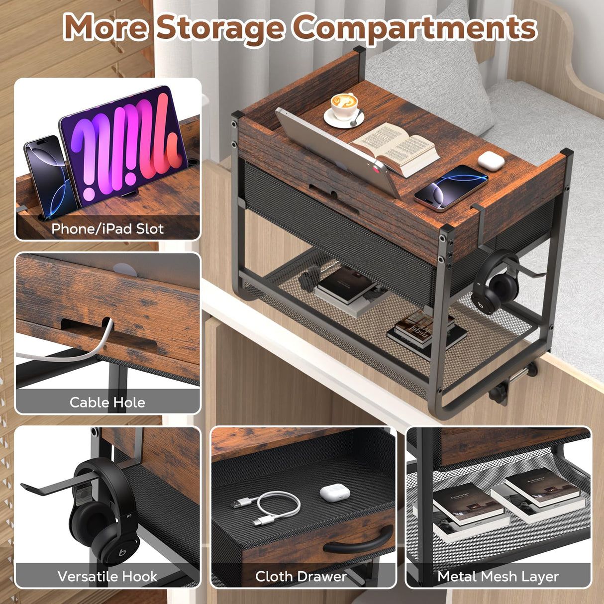 Housolution 2 Tier Bedside Shelf for Top Bunk & Loft Beds, Bunk Bed Shelf with Fabric Drawer, Tablet Slot,Clip on Nightstand for College Dorm Rooms, Small Apartments, Bedrooms with Limited Space Housolution