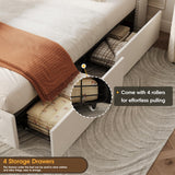 Vabches Full Size Bed Frame with Headboard & 4 Drawers, Upholstered Velvet Bed Frame with Charging Station and LED Light, Platform Wingback Storage Metal Bed, Beige Vabches