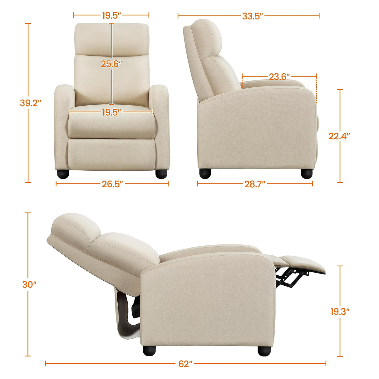 Topeakmart Fabric Recliner Sofa Push Back Recliner Chair Adjustable Modern Single Reclining Chair Upholstered Sofa with Pocket Spring Living Room Bedroom Home Theater Beige Topeakmart