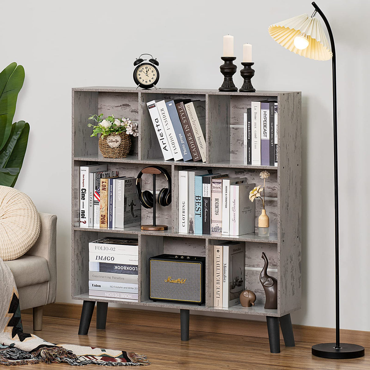 LEYAOYAO 8 Cube Bookshelf,3 Tier Bookcase with Legs,Modern Grey Mid-Century Bookshelves,Large Farmhouse Open Storage Organizer Shelf, Retro Wooden Display Book Case for Bedroom,Living Room,Office LEYAOYAO