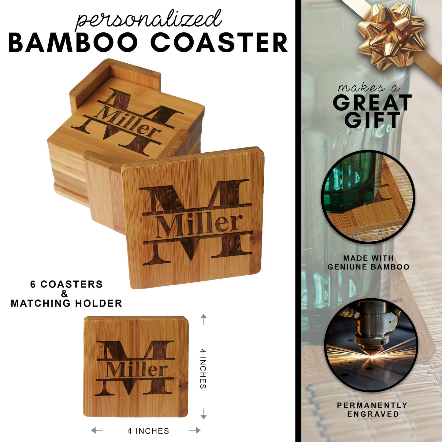 Personalized Coasters - Bamboo Coasters for Drinks with Holders - 7 Piece Set (Square) - WoodArtSupply