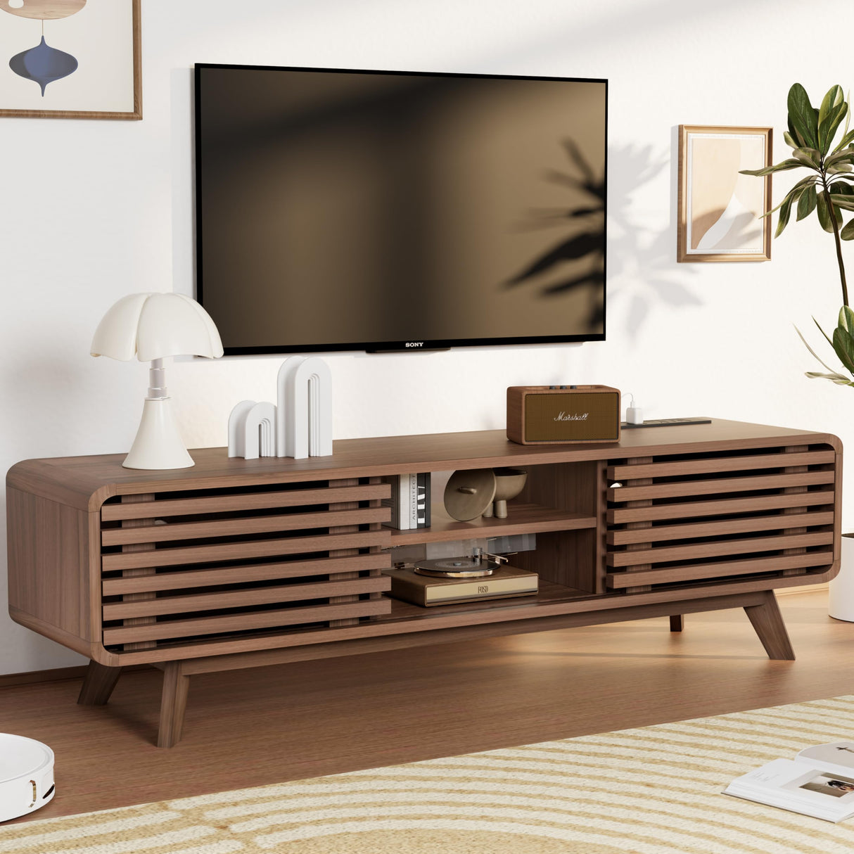 Royal Windsor Modern TV Stand for Living Room, Media Console Cabinet with Socket, Large Entertainment Center with Storage, TV Table with Slatted Sliding Doors and Open Shelves, Reddish Brown Royal Windsor