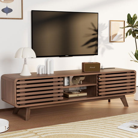 Royal Windsor Modern TV Stand for Living Room, Media Console Cabinet with Socket, Large Entertainment Center with Storage, TV Table with Slatted Sliding Doors and Open Shelves, Reddish Brown Royal Windsor