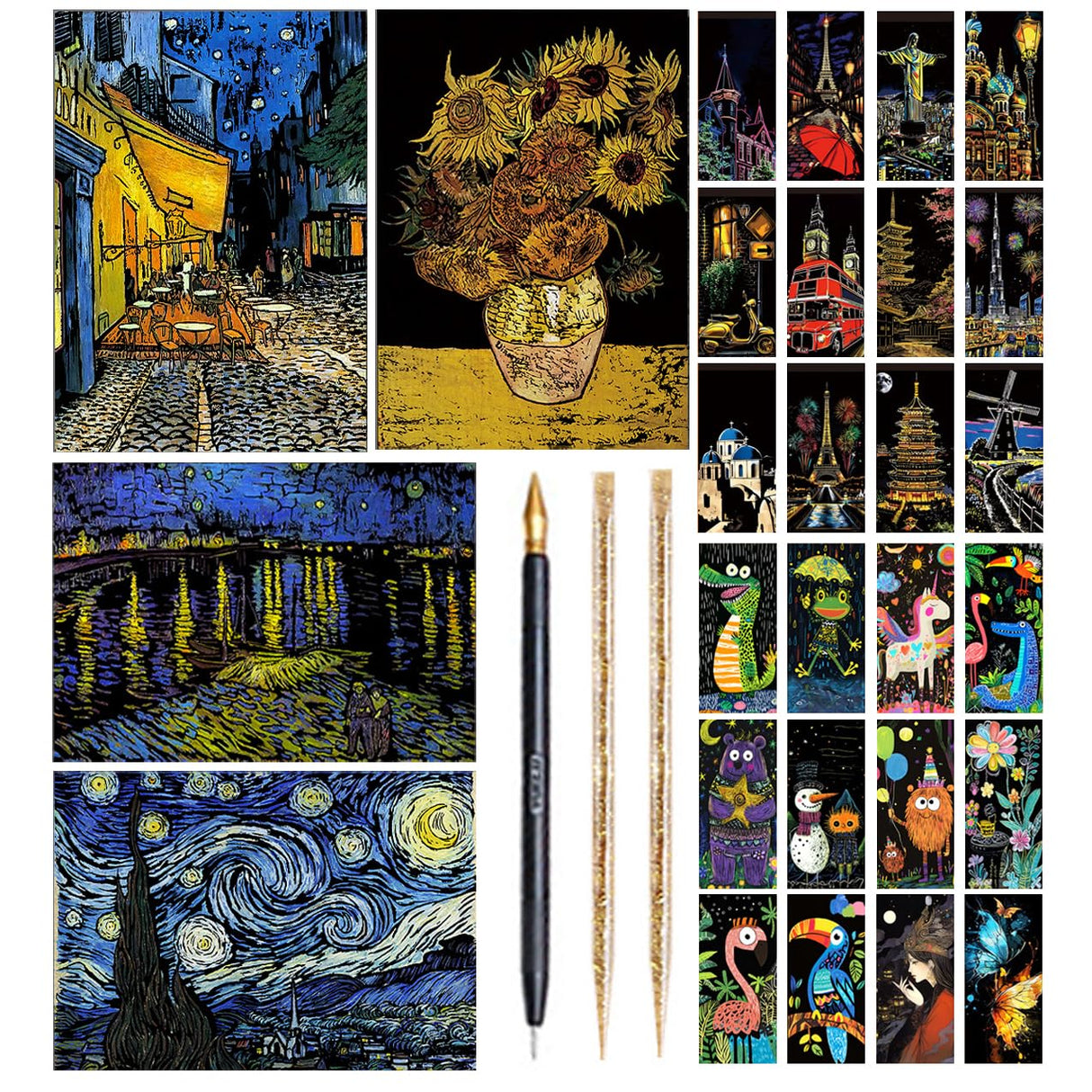 Scratch Art Painting Scratch Paper Rainbow Painting Sketch Pads DIY Art Craft Set， 4 Pcs Vincent Van Gogh Engraving and 24Pcs Classic Landmarks and Animal Series for Kids & Adults with 3 Tools Ryoma