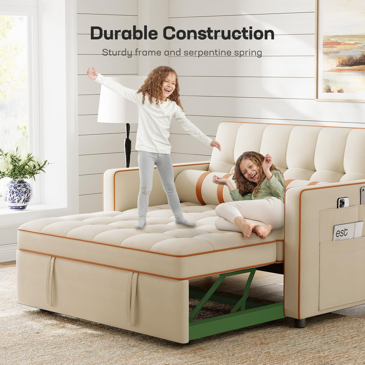 Marsail Sofa Bed, 3-in-1 Convertible Sleeper Sofa, Futon Couch with USB Charging, Side Pockets & Adjustable Backrest, Pull Out Couch for Living Room, Apartment, Loveseat, Velvet Fabric, Beige Marsail