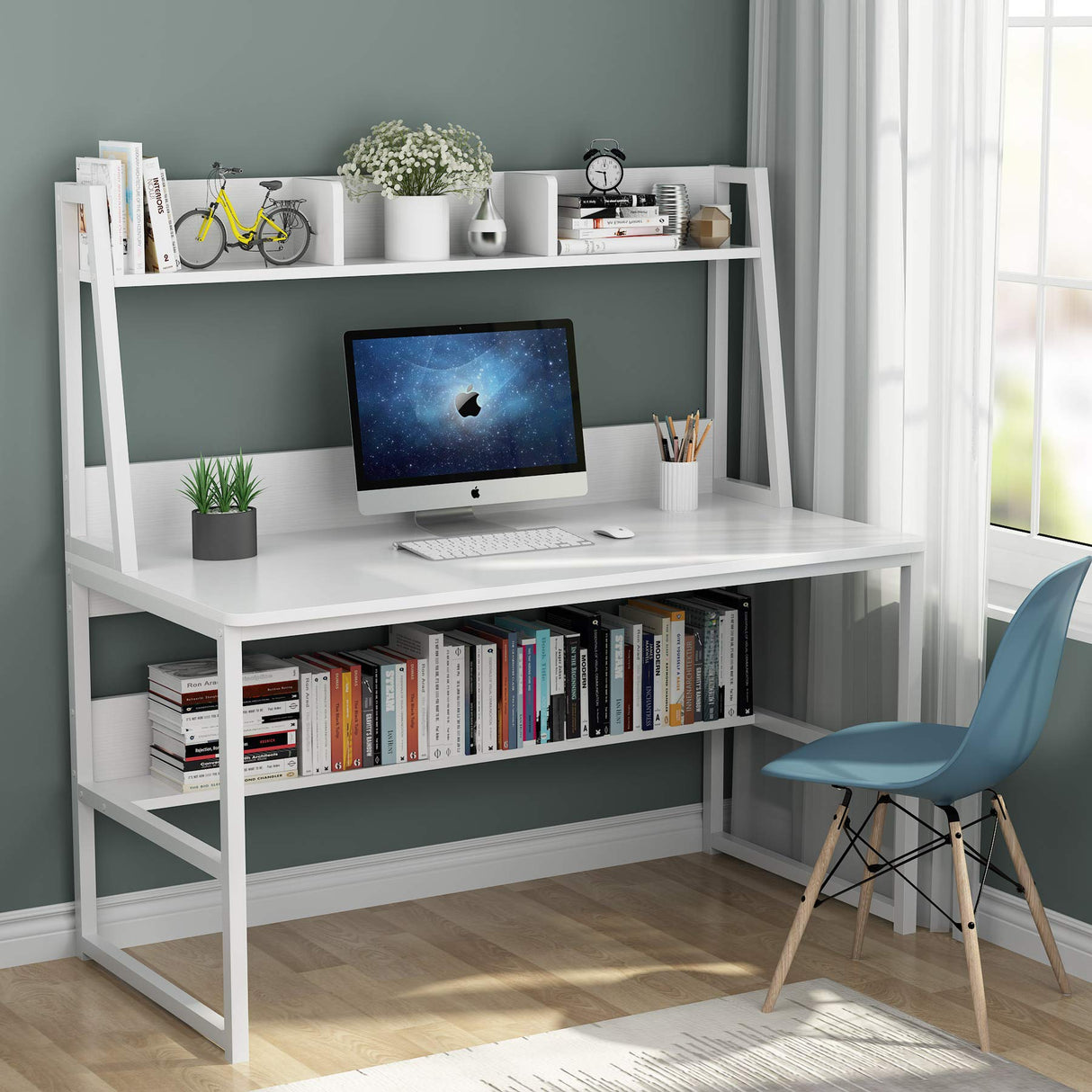 Tribesigns 47-Inch All White Computer Desk with Hutch and Bookshelf for Compact Home Office Spaces Tribesigns
