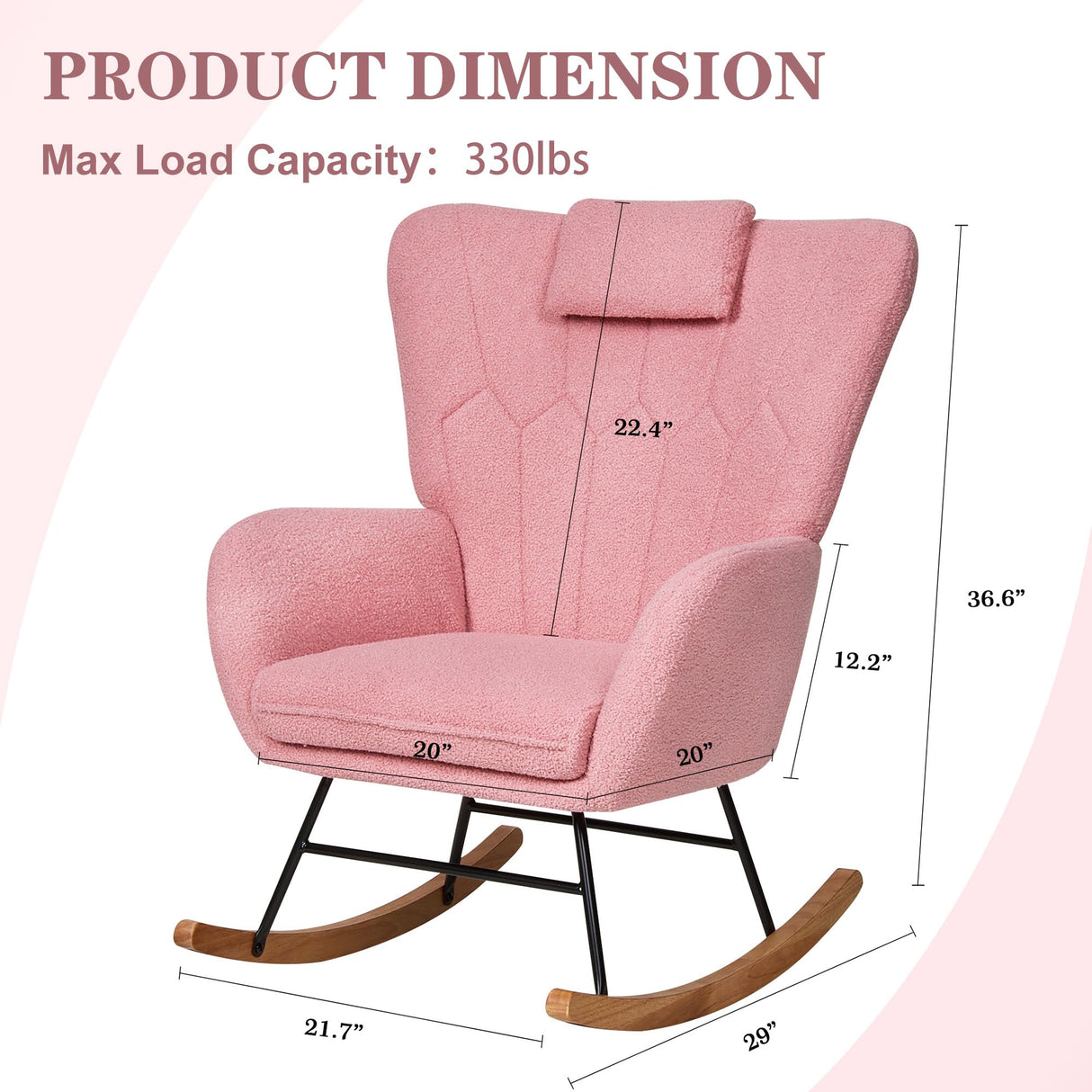 VECELO Rocking Chair Nursery with Thick Headrest, Modern Teddy Upholstered Reading Glider Rocker Accent Armchair with High Backrest, Padded Seat, Side Pocket, for LivingRoom, Baby Room, Soft Pink VECELO