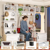 chartustriable 86.6" Wide Extra Large Farmhouse Hall Tree with 3-Color LED Mirror, Entryway Bench with Bench and Shoe Storage, Shoe Shelves,Umbrella Holder, Mudroom Hallway Storage Cabinet chartustriable