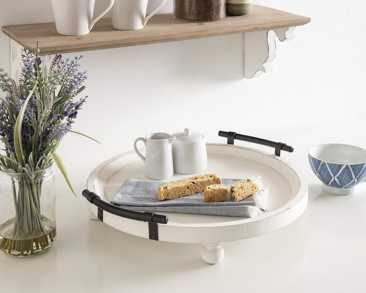 Kate and Laurel Bruillet Farmhouse Round Tray, 15 inch Diameter, Rustic White, Wood Tray for Coffee Table Kate and Laurel
