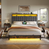 YITAHOME Queen Size Bed Frame with RGB LED Lights and 4 Drawers, Upholstered Platform Bed with Charging Station and Storage Headboard, No Box Spring Needed, Noise-Free, Fast Assembly, Rustic Brown YITAHOME