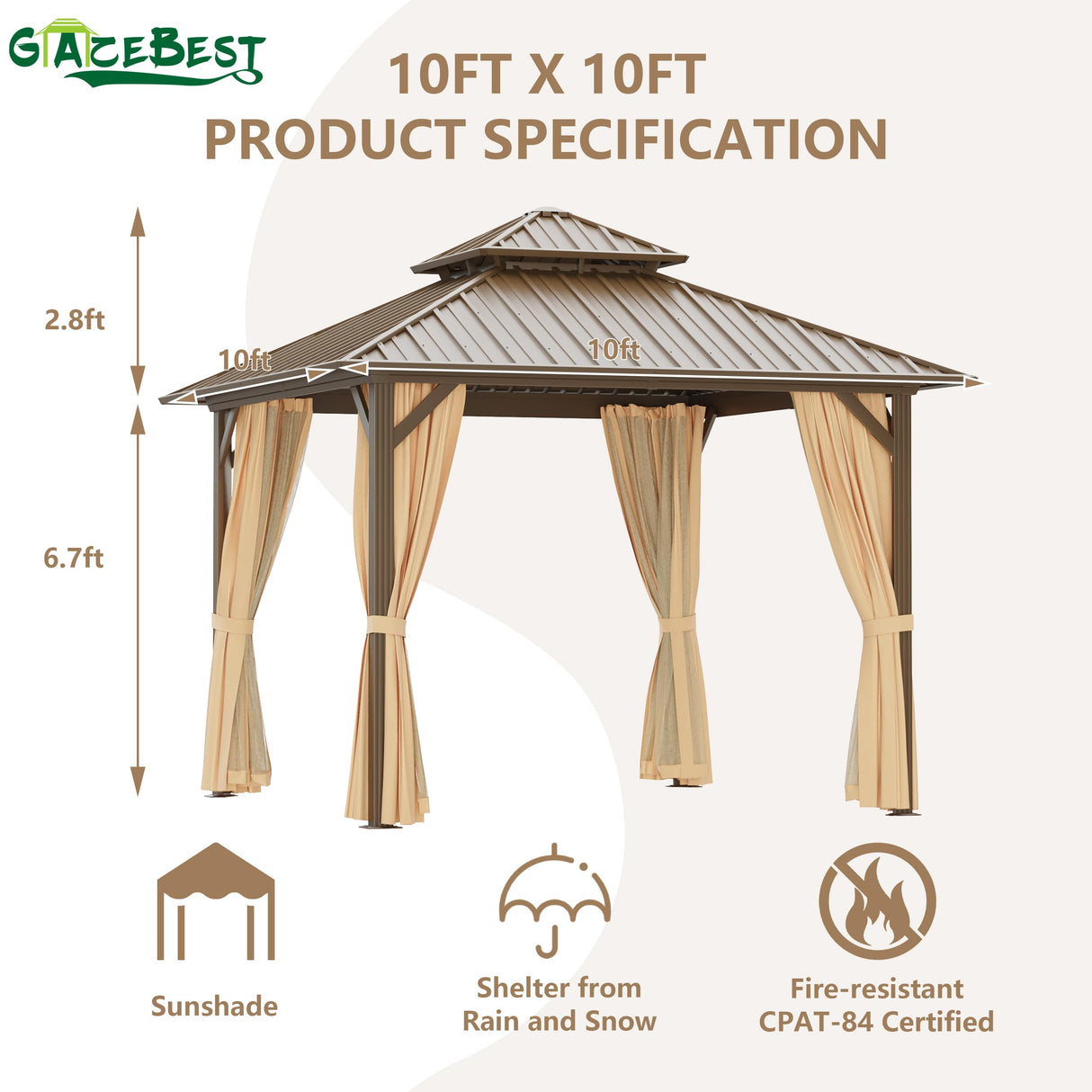 GAZEBEST 10x10 ft Hardtop Gazebo Outdoor Aluminum Patio Gazebo Double Roof Galvanized Steel Canopy with Netting and Curtains for Garden, Backyard,Deck and Lawns GAZEBEST