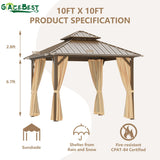 GAZEBEST 10x10 ft Hardtop Gazebo Outdoor Aluminum Patio Gazebo Double Roof Galvanized Steel Canopy with Netting and Curtains for Garden, Backyard,Deck and Lawns GAZEBEST