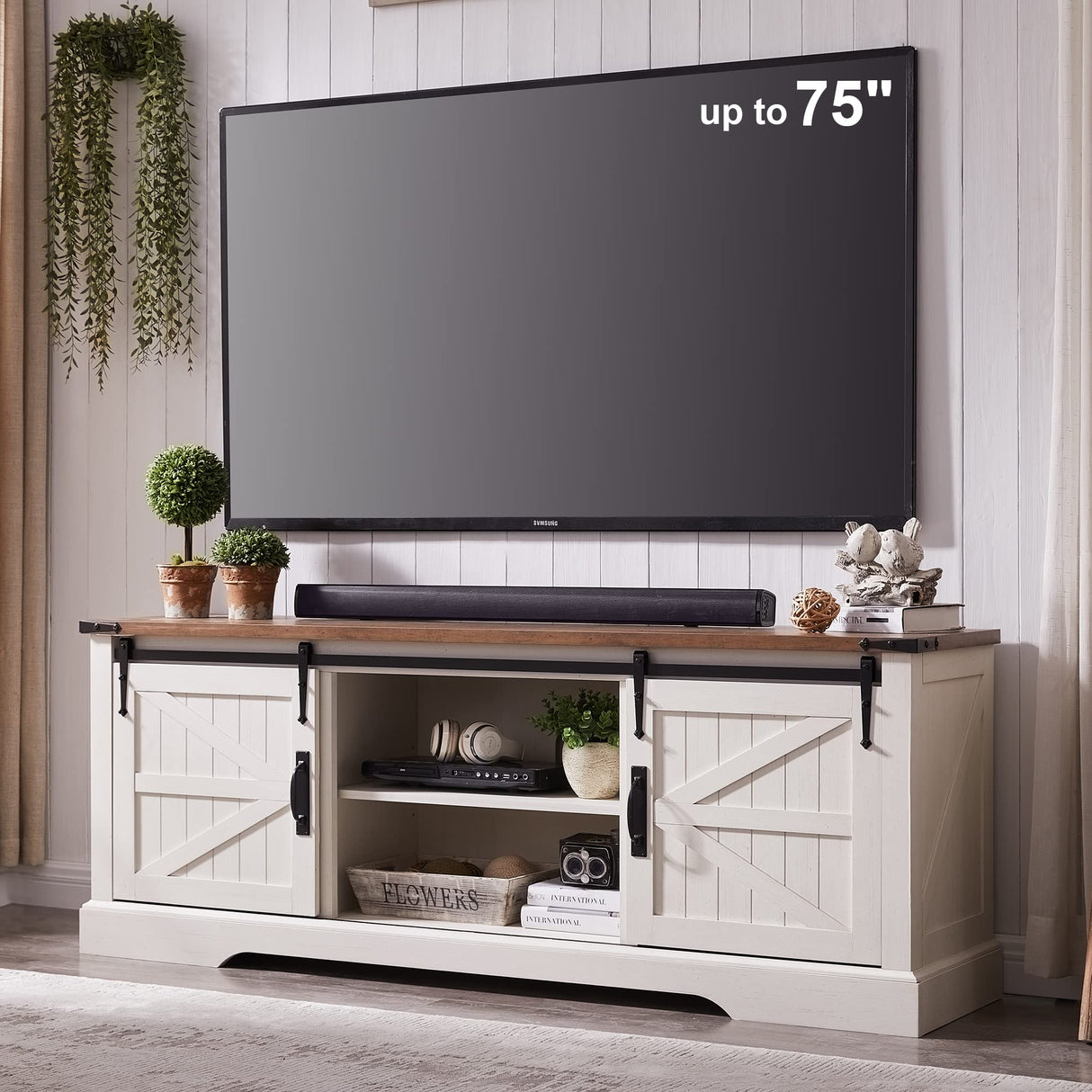 OKD Farmhouse TV Stand for 75 Inch TV with Sliding Barn Door, Rustic Wood Entertainment Center Large Media Console Cabinet Long Television Stands for 70 Inch TVs, Antique White OKD