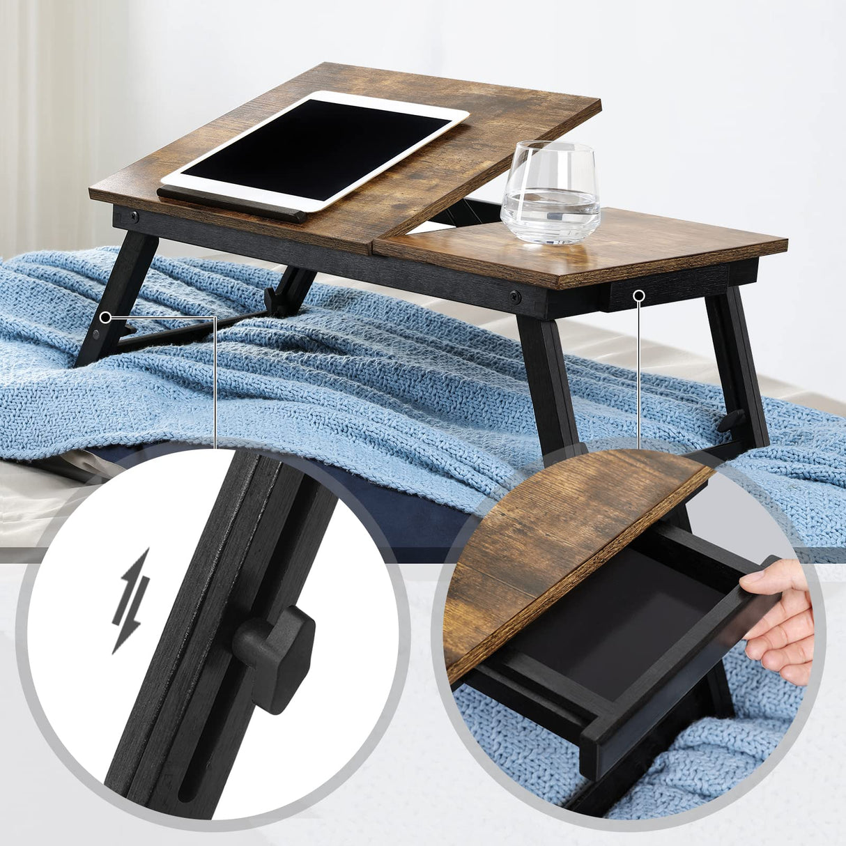 SONGMICS Laptop Desk for Bed or Sofa with Adjustable Tilting Top, Breakfast Serving Tray with Height Adjustable Folding Legs, Fits Screen Size up to 15.6 Inches, Floor Desk, Rustic Brown ULLD105B01 SONGMICS