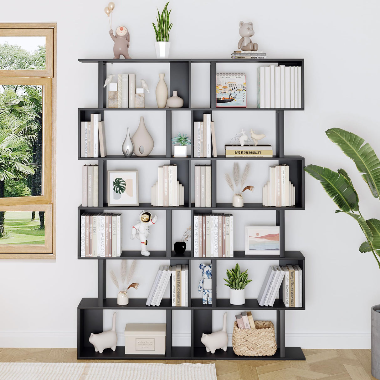 Yusong S Shaped Bookshelf, Modern Geometric Bookcase, 6-Tier Black Display Case Book Shelf Yusong