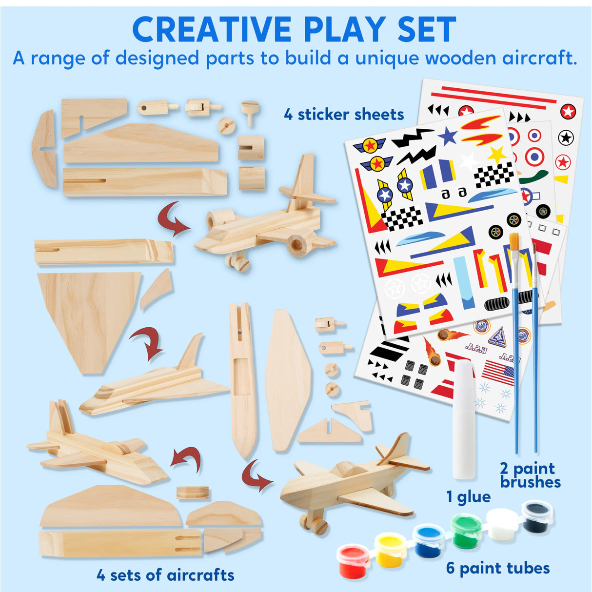 Klever Kits 4 DIY Wooden Aircrafts-Build & Paint Your Own Wooden Airplane Craft Kit, Art & Craft Kit DIY Projects, Easy to Assemble Birthday Gifts for Boys 6-12 Year Old Klever Kits