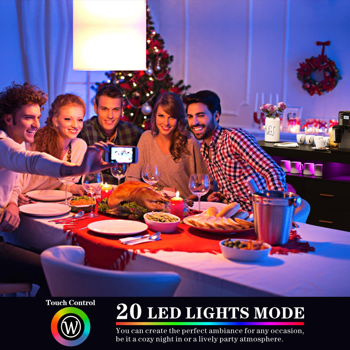 HWB Black RGB LED Coffee Bar Cabinet with Large Storage & Charging Station for Kitchen and Dining Room HWB