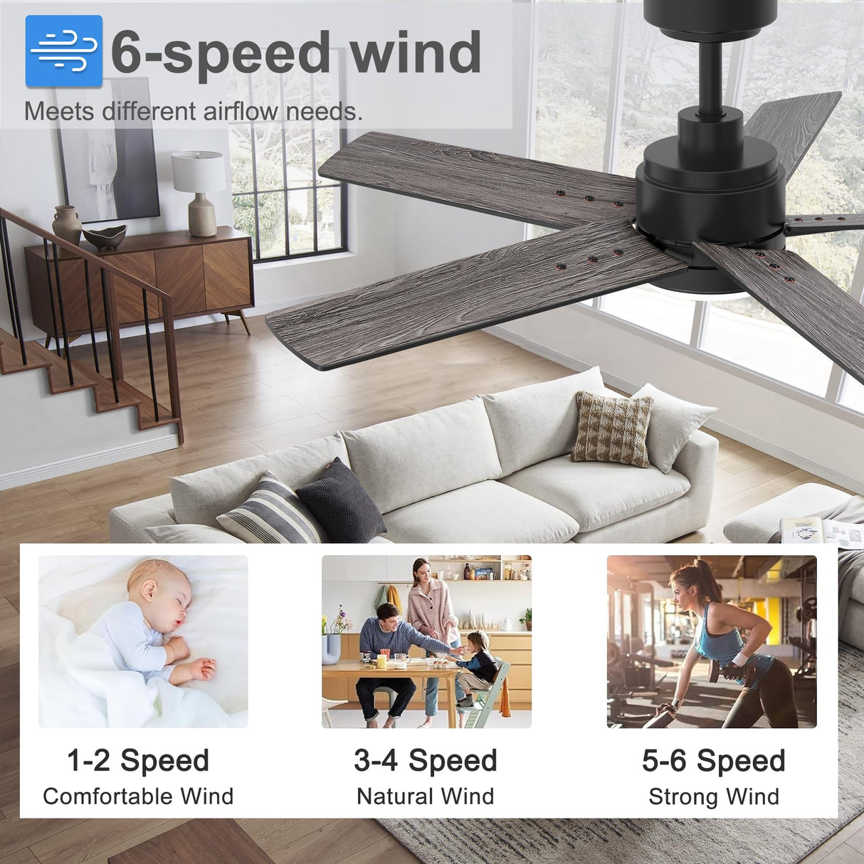 YUHAO 48 Inch Black Ceiling Fan with Light and Remote Control.Noiseless,Dimmable, 3CCT,6 Speeds Reversible, Modern DC Ceiling Fans for Indoor Use YUHAO