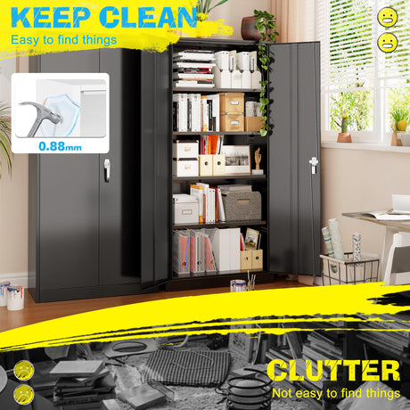 Pataku 71'' Metal Storage Cabinet, Garage Storage Cabinet with 2 Doors and 4 Adjustable Shelves, Steel Lockable Storage Cabinet, Black File Cabinets for Home, Office, Warehouse Pataku
