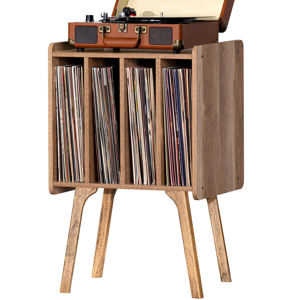 LELELINKY Record Player Stand,Vinyl Record Storage Table with 4 Cabinet Up to 100 Albums,Mid-Century Modern Turntable Stand with Wood Legs,Oak Grey Vinyl Holder Display Shelf for Bedroom Living Room LELELINKY
