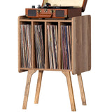 LELELINKY Record Player Stand,Vinyl Record Storage Table with 4 Cabinet Up to 100 Albums,Mid-Century Modern Turntable Stand with Wood Legs,Oak Grey Vinyl Holder Display Shelf for Bedroom Living Room LELELINKY