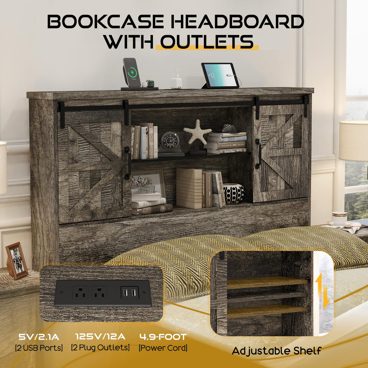 HOWE Queen Size Wood Platform Bed Frame with 51.2" Bookcase Headboard, Storage Bed with Sliding Barn Door Charging Station 2 Drawers, No Box Spring Needed/Noise Free/Farmhouse/Rustic Grey HOWE