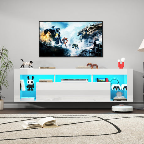 chartustriable 63" Floating High Gloss LED TV Stand for 75" TVs, Wall-Mounted Entertainment Center, Modern Media Console with Open Adjustable Glass Shelf and Hidden Storage Cabinet, White chartustriable