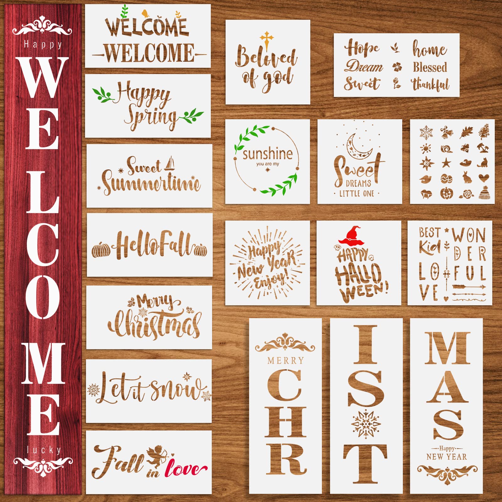 Souarts 21Pcs Christmas Stencils for Painting on Wood Welcome Stencils for Christmas Stencils Large Farmhouse Christmas Wood Stencils Sweet Home Stencil - WoodArtSupply