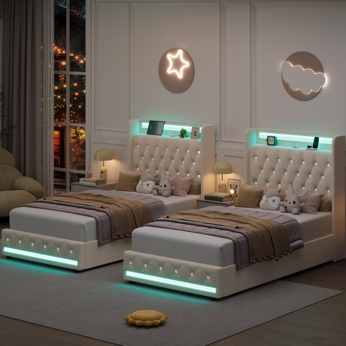 HIFIT Upholstered Twin LED Bed Frame with Charging Station Headboard & 4 Storage Drawer, Velvet Crystal Button-Tufted Princess Twin Size Platform Bed Frames for Girls, No Box Spring Needed, Beige HIFIT