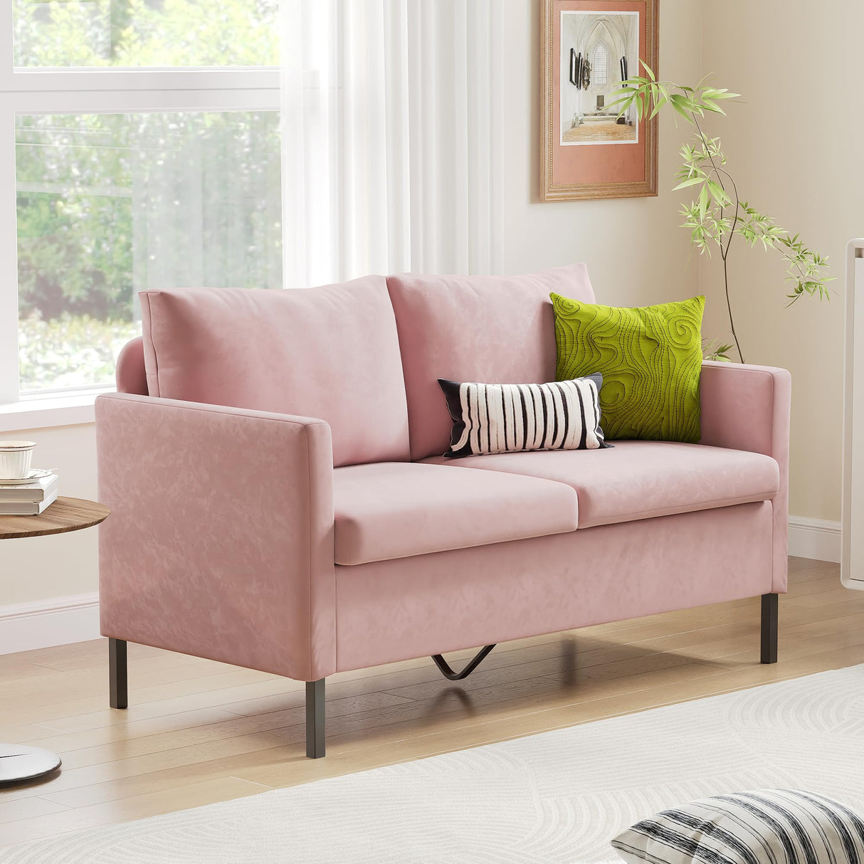 TYBOATLE Sofa Couch Mid Century Modern Small Loveseat for Living Room, 51" W Mini Little Upholstered 2-Seater Love Seats w/Iron Legs for Compact Small Space, Apartment, Bedroom, Dorm, Office (Pink) TYBOATLE