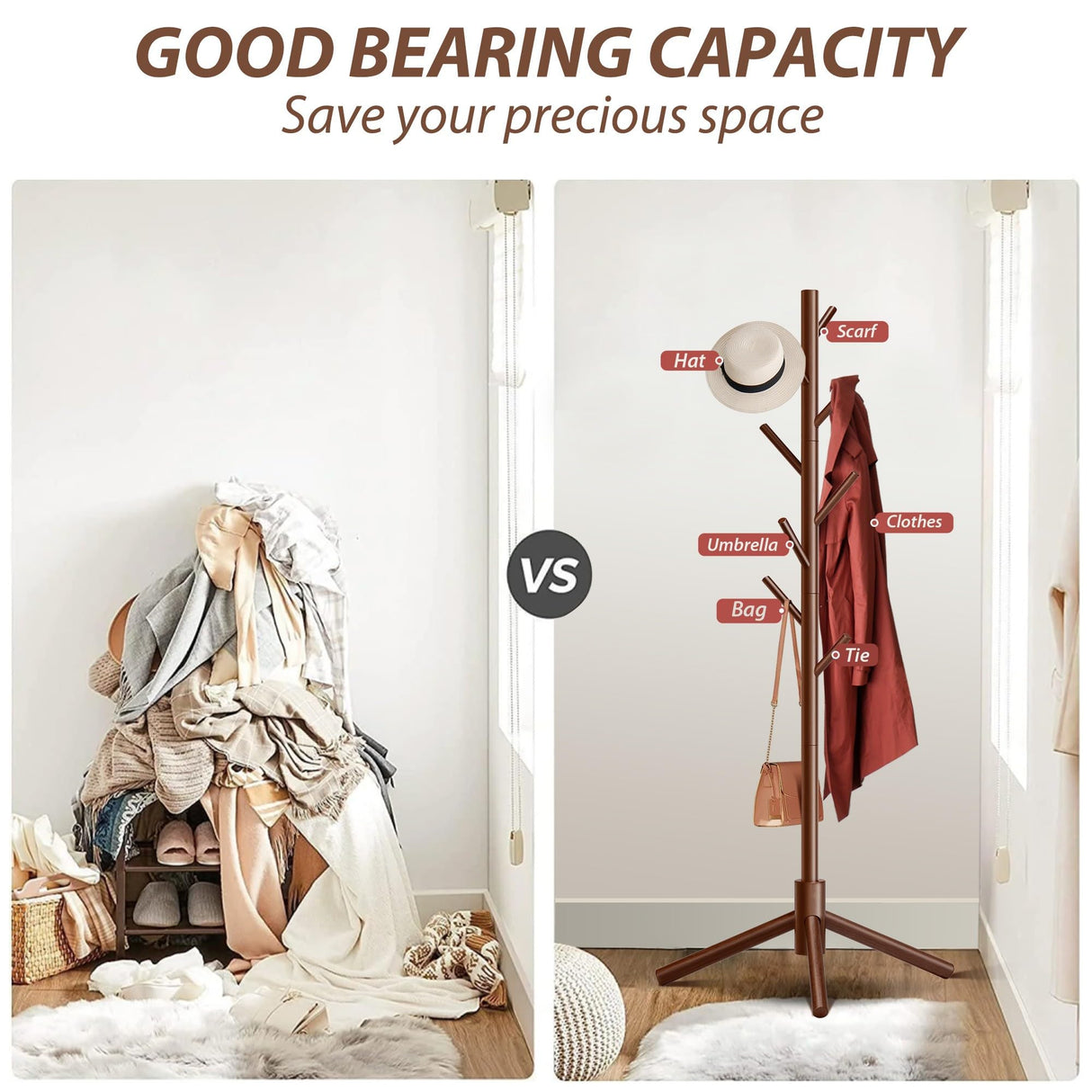 Unisakey Durable Wooden Coat Rack, Freestanding Coat Rack with Stable Triangular Base, 8 Hooks & 3 Adjustable Heights, Simple Assembly for Bedroom, Hallway, Office(New Brown) Unisakey